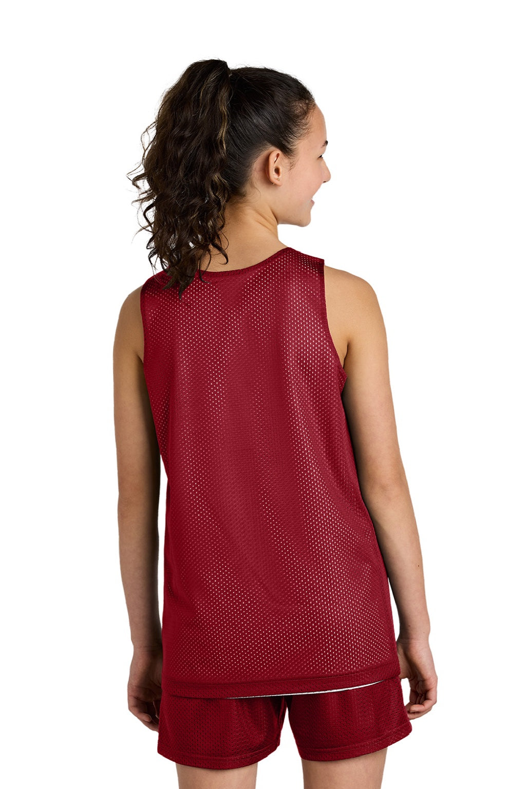Sport-Tek YST5000 Youth Moisture Wicking Reversible Mesh Tank Top Deep Red/White Model Back