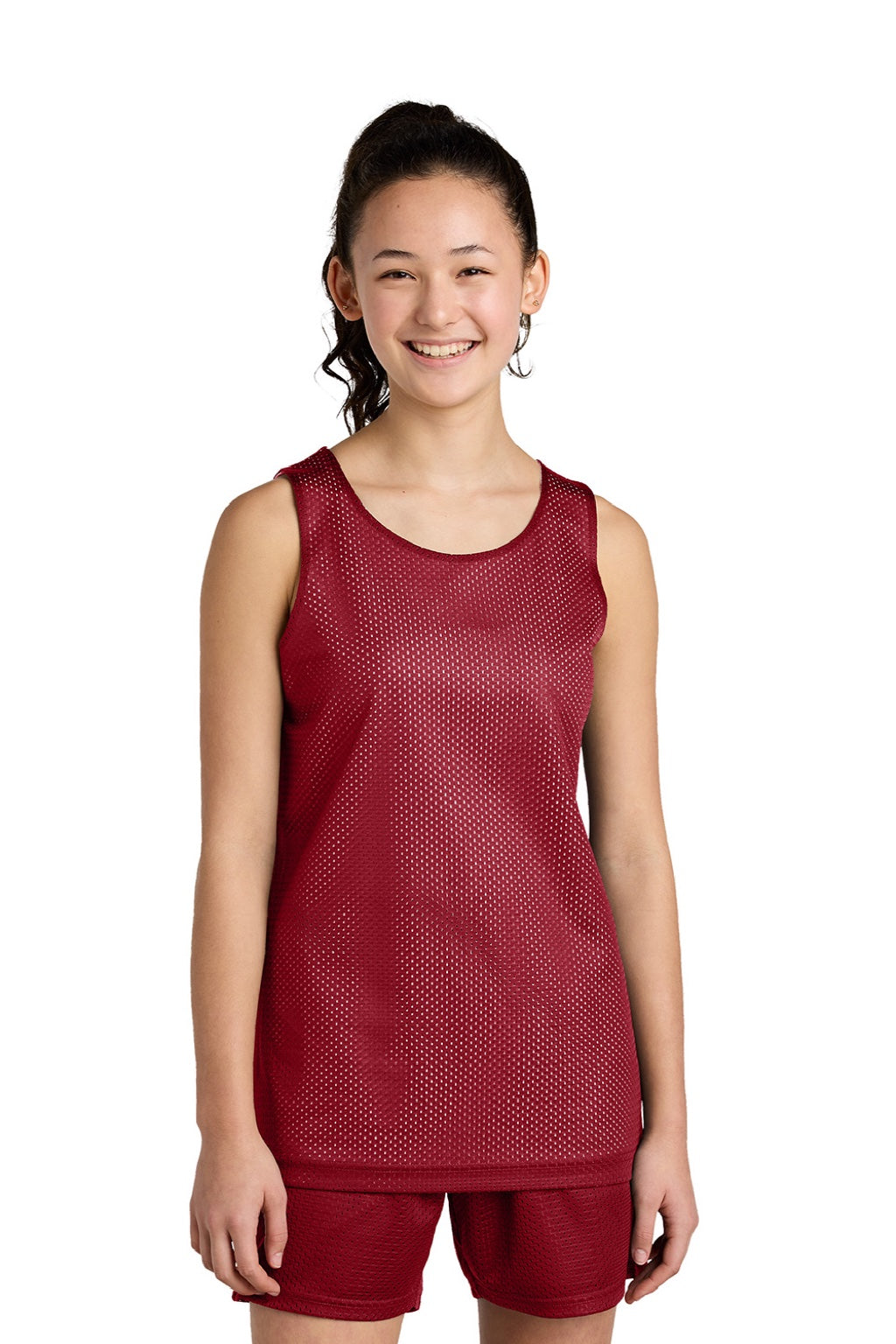 Sport-Tek YST5000 Youth Moisture Wicking Reversible Mesh Tank Top Deep Red/White Model Front