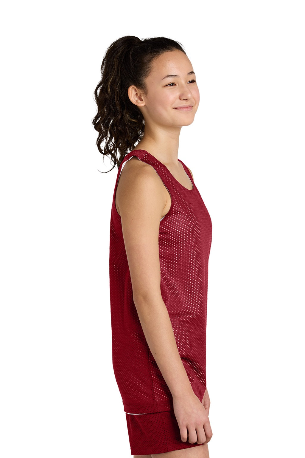 Sport-Tek YST5000 Youth Moisture Wicking Reversible Mesh Tank Top Deep Red/White Model Side