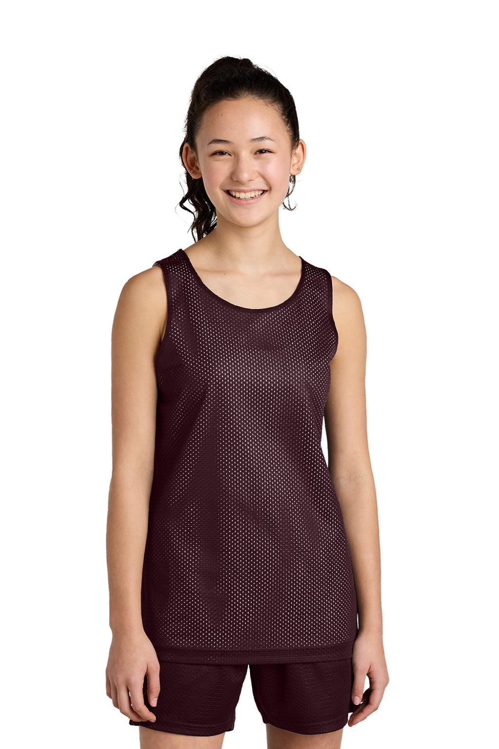 Sport-Tek YST5000 Youth Moisture Wicking Reversible Mesh Tank Top Maroon/White Model Front