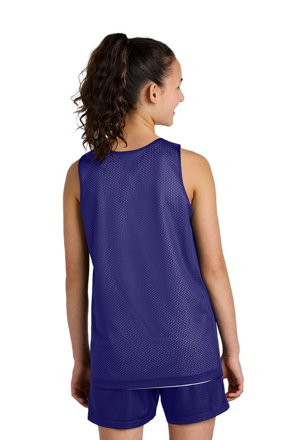 Sport-Tek YST5000 Youth Moisture Wicking Reversible Mesh Tank Top Purple/White Model Back