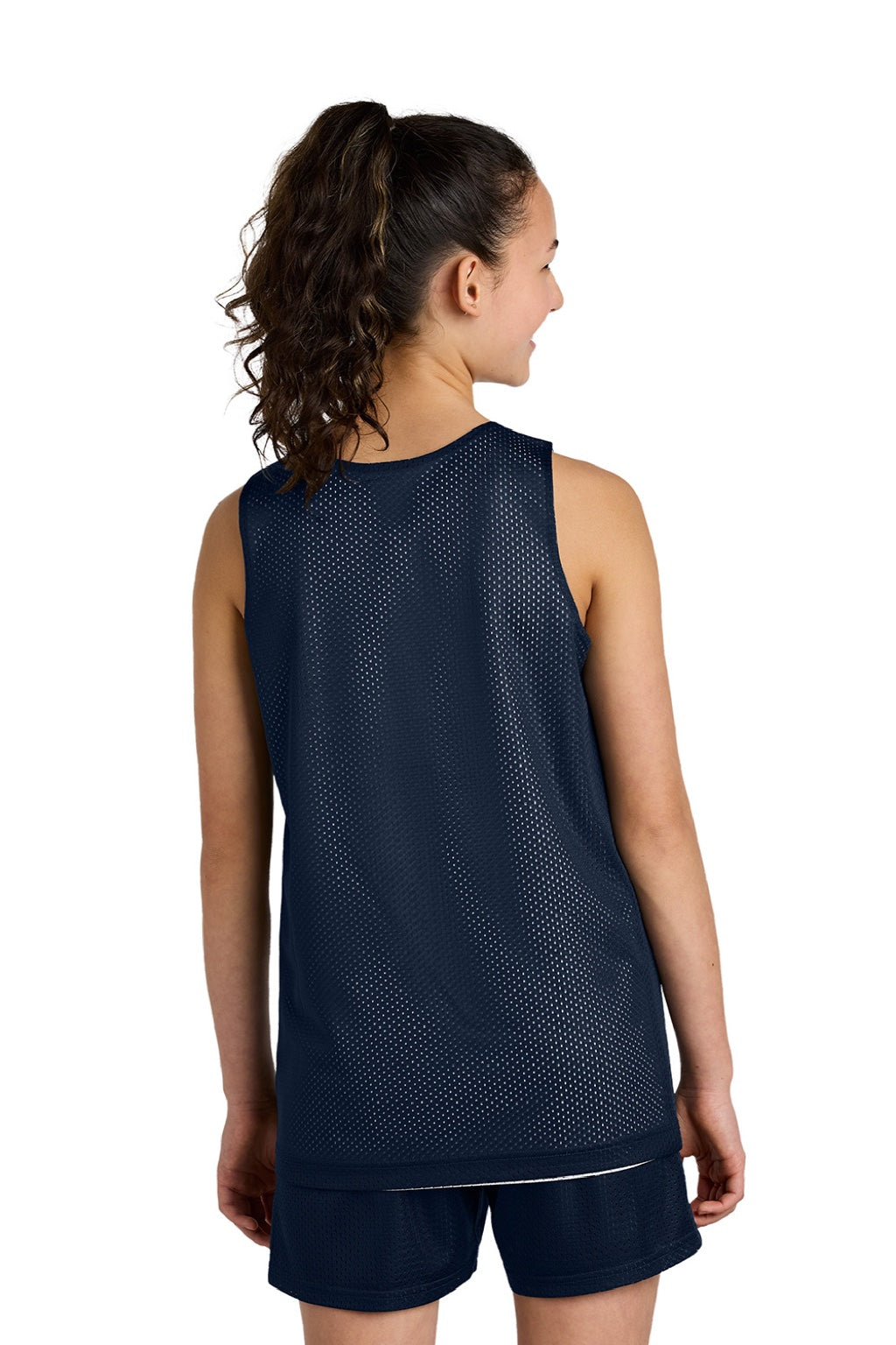 Sport-Tek YST5000 Youth Moisture Wicking Reversible Mesh Tank Top True Navy Blue/White Model Back
