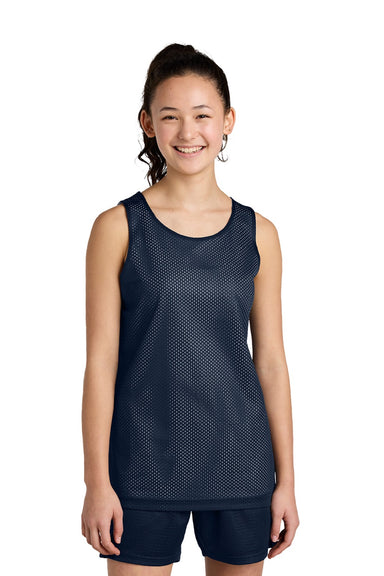 Sport-Tek YST5000 Youth Moisture Wicking Reversible Mesh Tank Top True Navy Blue/White Model Front