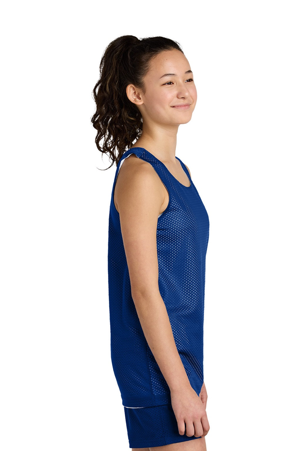 Sport-Tek YST5000 Youth Moisture Wicking Reversible Mesh Tank Top True Royal Blue/White Model Side