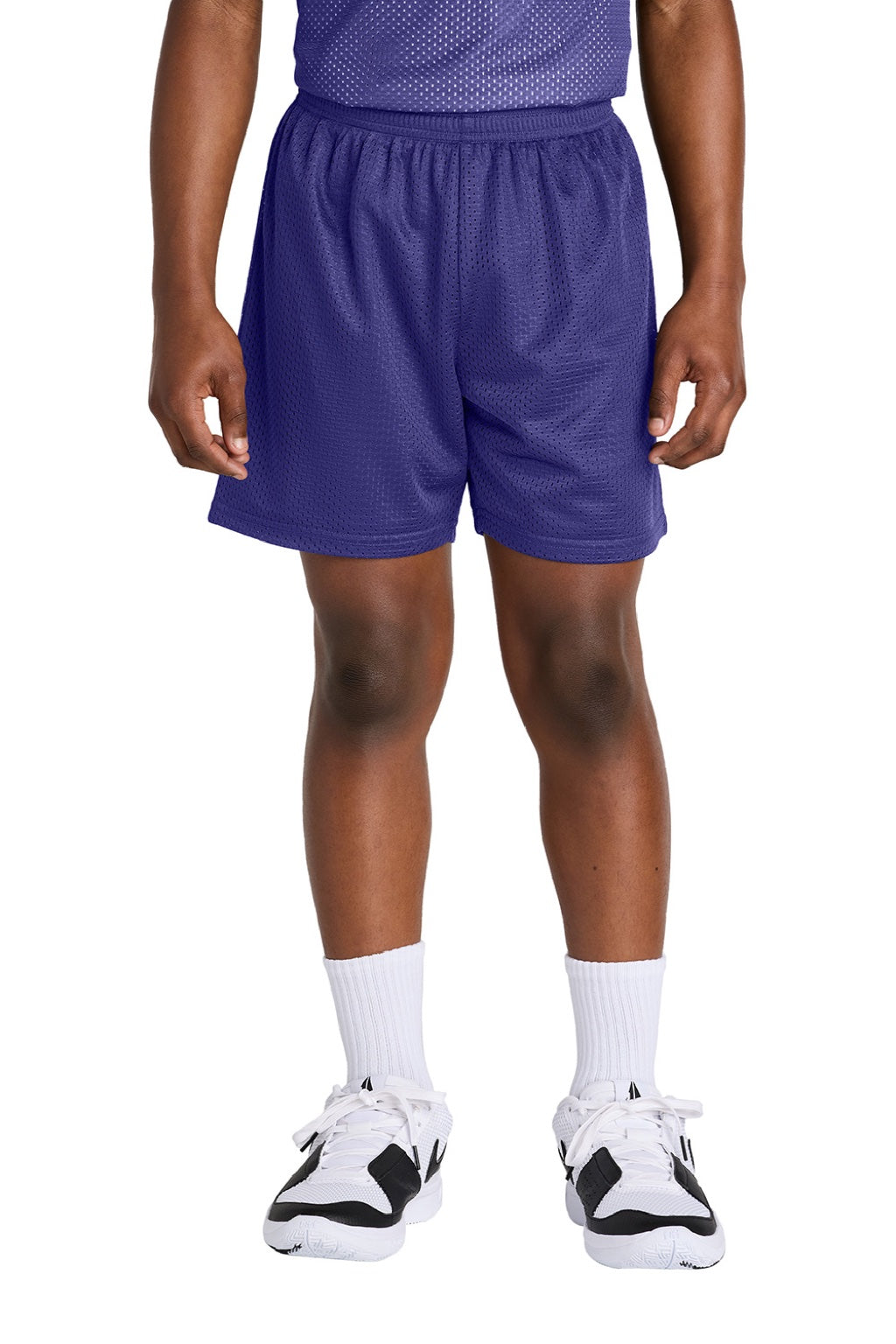 Sport-Tek YST5100 Youth Moisture Wicking Mesh Athletic Shorts Purple Model Front