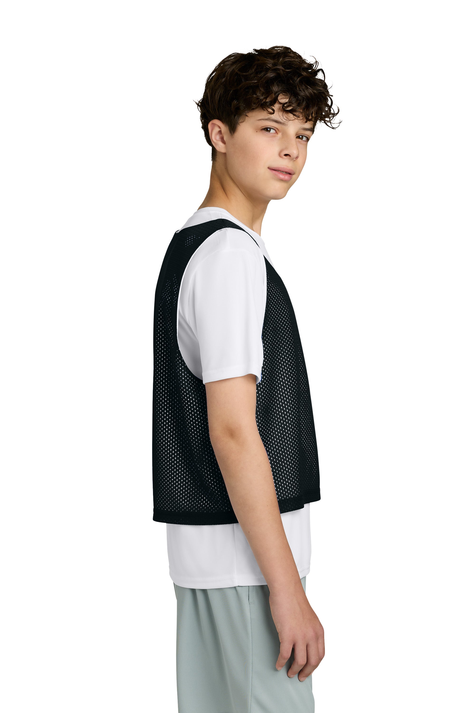 Sport-Tek YST512 Youth Reversible Lacrosse Pinnie Tank Top Black/White Model Side