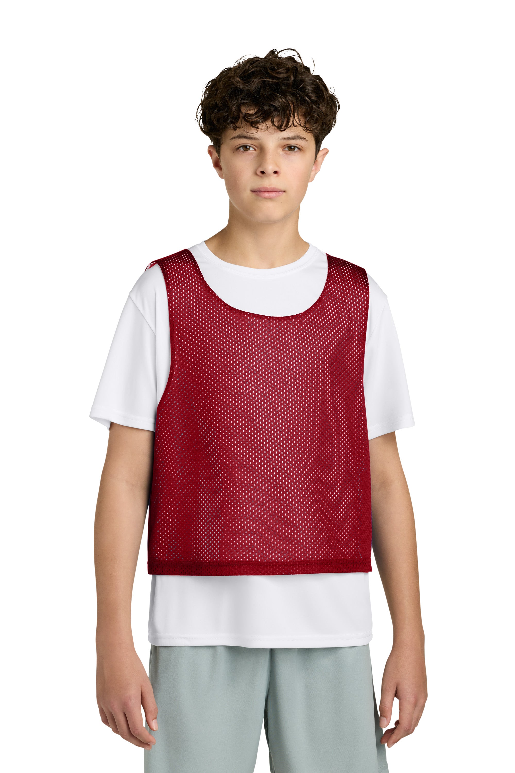 Sport-Tek YST512 Youth Reversible Lacrosse Pinnie Tank Top Deep Red/White Model Front