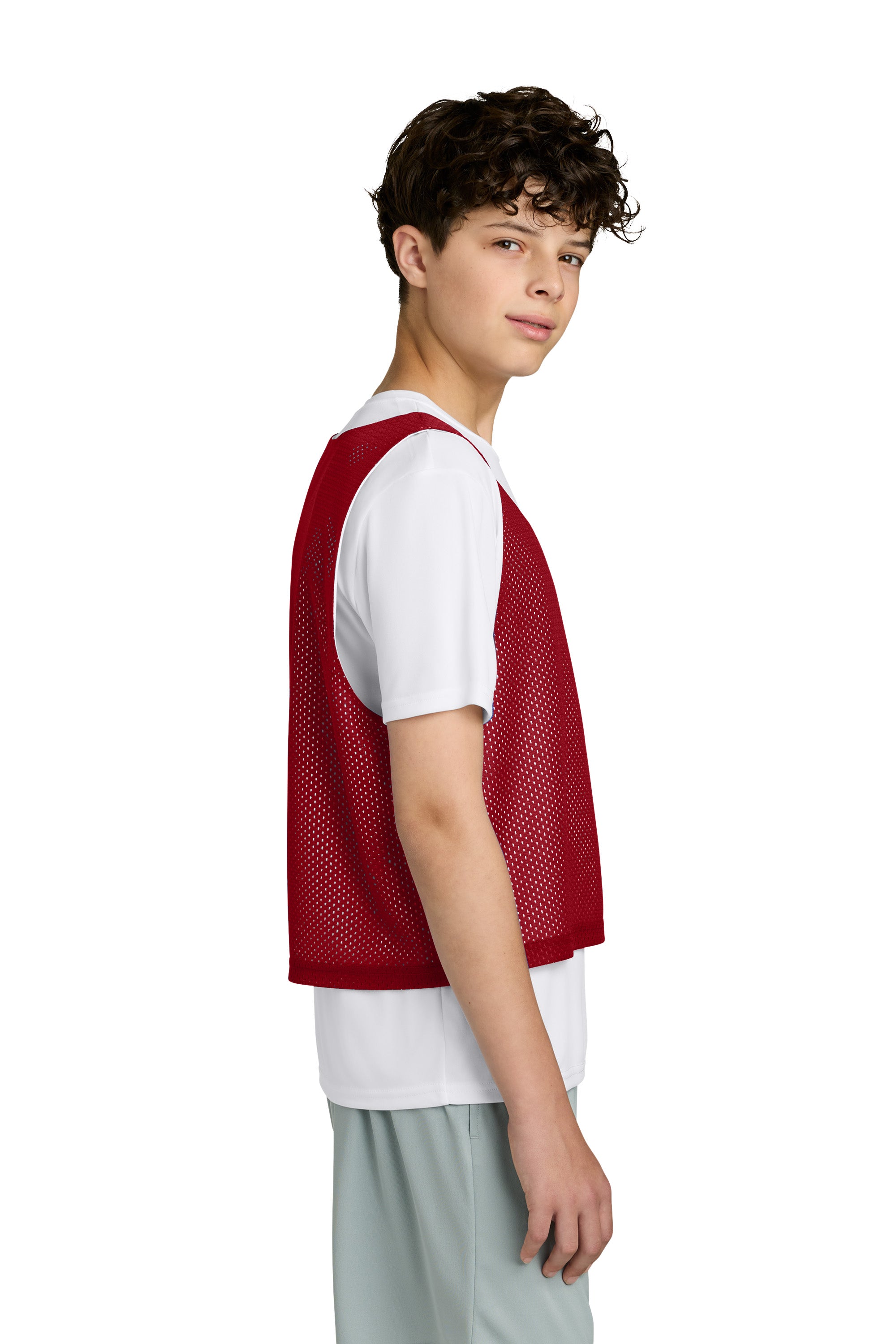 Sport-Tek YST512 Youth Reversible Lacrosse Pinnie Tank Top Deep Red/White Model Side