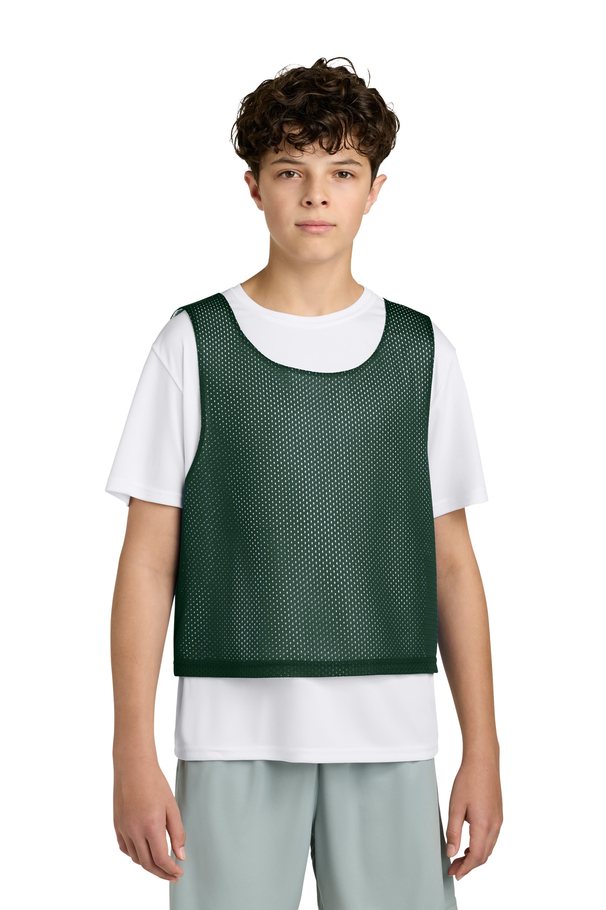 Sport-Tek YST512 Youth Reversible Lacrosse Pinnie Tank Top Forest Green/White Model Front