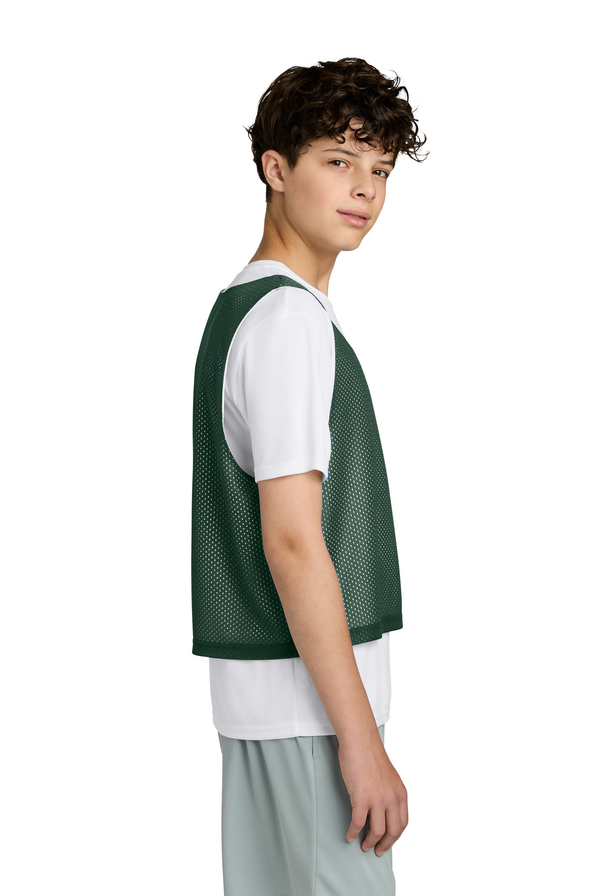 Sport-Tek YST512 Youth Reversible Lacrosse Pinnie Tank Top Forest Green/White Model Side