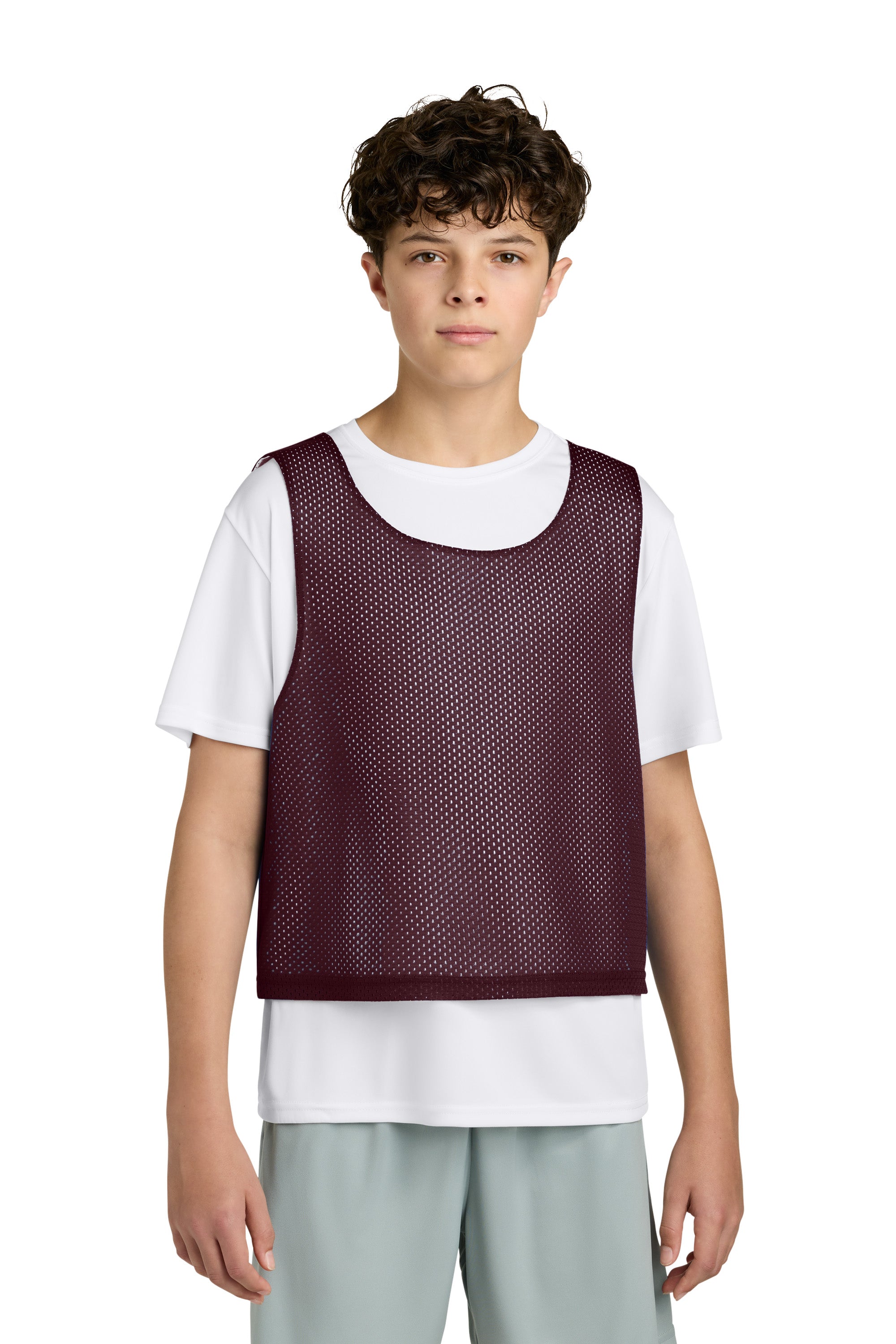 Sport-Tek YST512 Youth Reversible Lacrosse Pinnie Tank Top Maroon/White Model Front