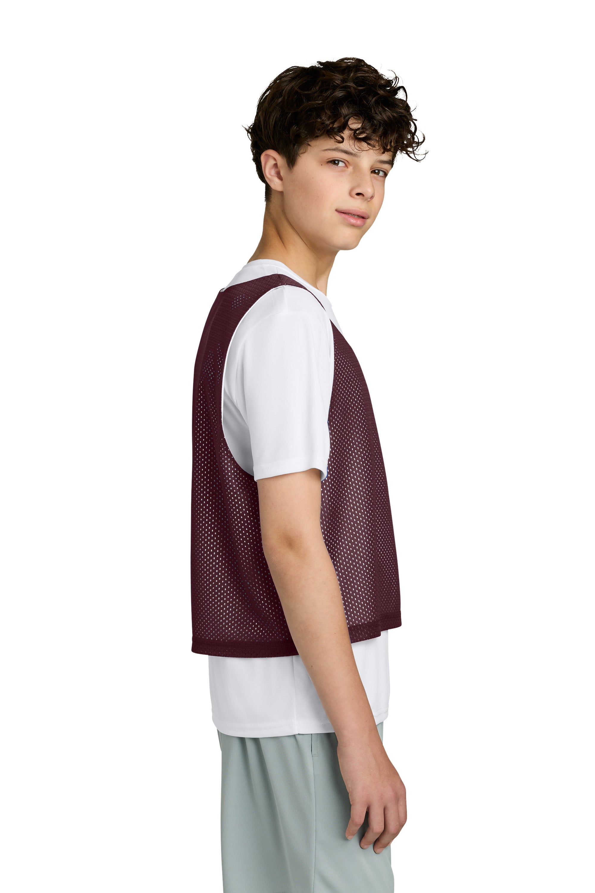 Sport-Tek YST512 Youth Reversible Lacrosse Pinnie Tank Top Maroon/White Model Side
