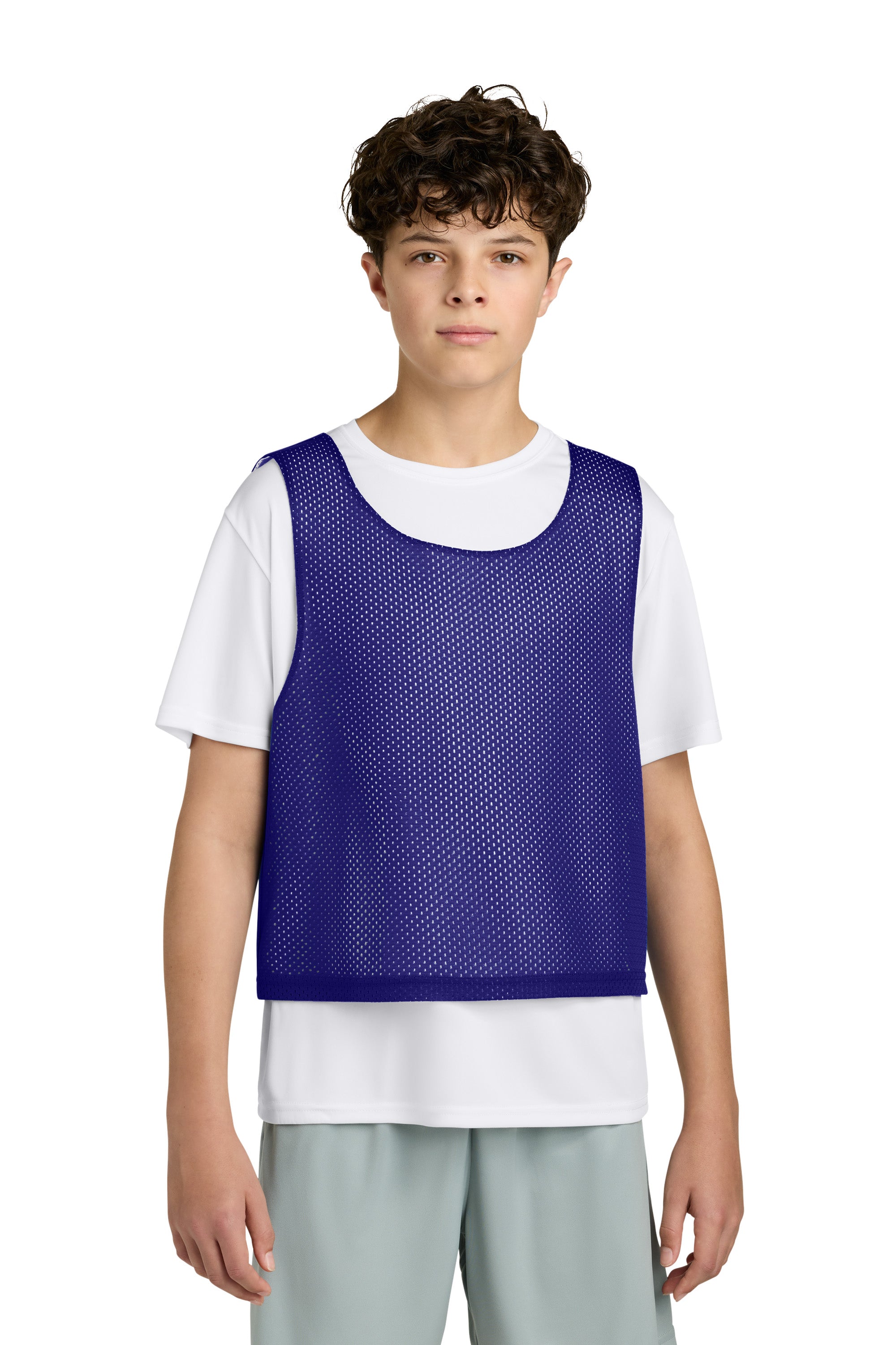 Sport-Tek YST512 Youth Reversible Lacrosse Pinnie Tank Top Purple/White Model Front