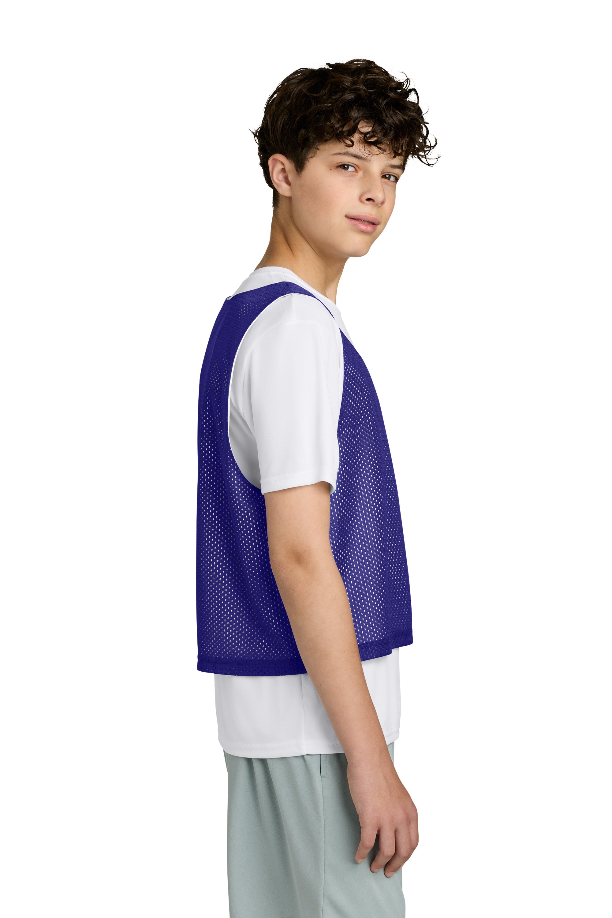 Sport-Tek YST512 Youth Reversible Lacrosse Pinnie Tank Top Purple/White Model Side
