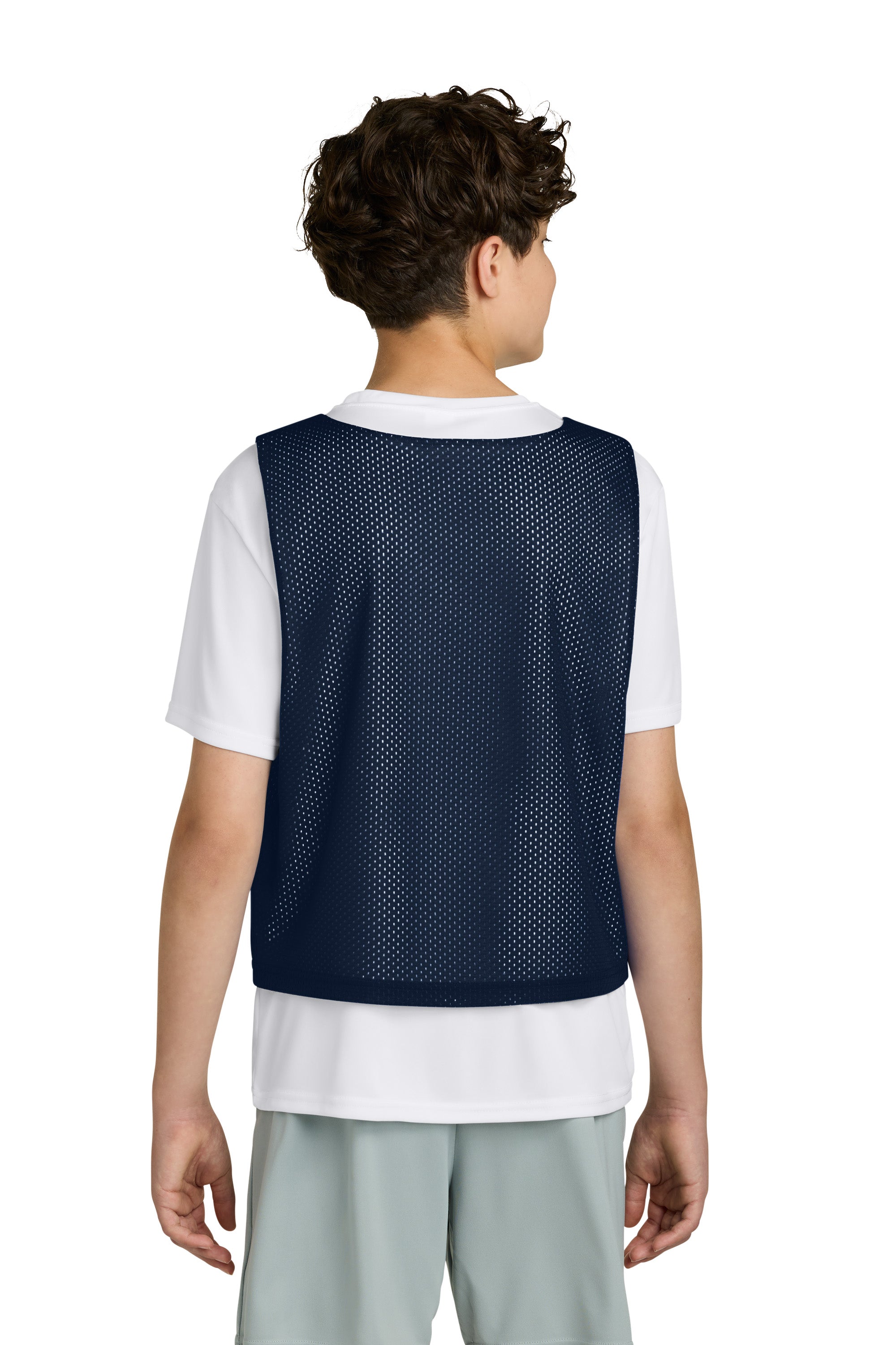 Sport-Tek YST512 Youth Reversible Lacrosse Pinnie Tank Top True Navy Blue/White Model Back