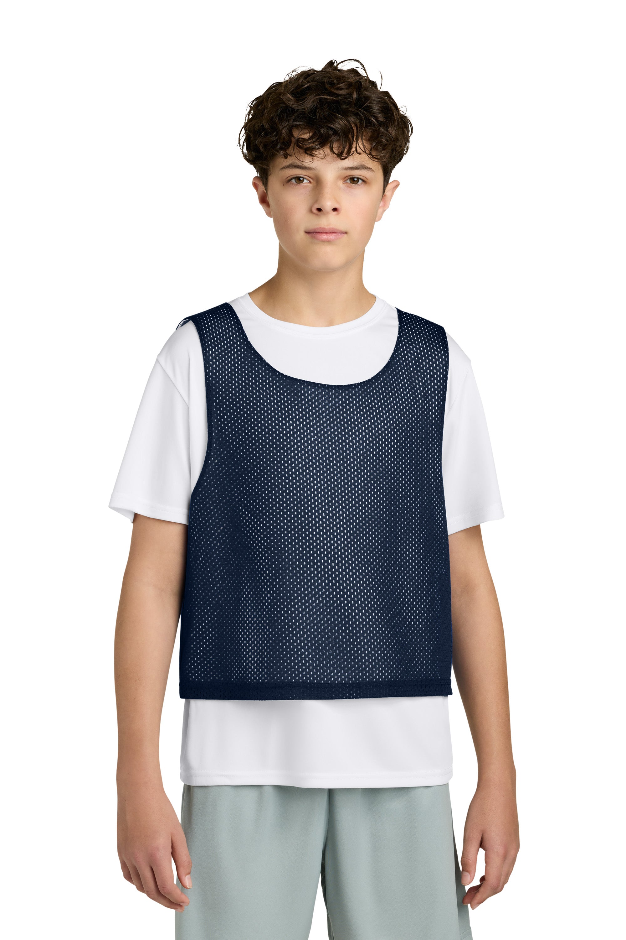 Sport-Tek YST512 Youth Reversible Lacrosse Pinnie Tank Top True Navy Blue/White Model Front