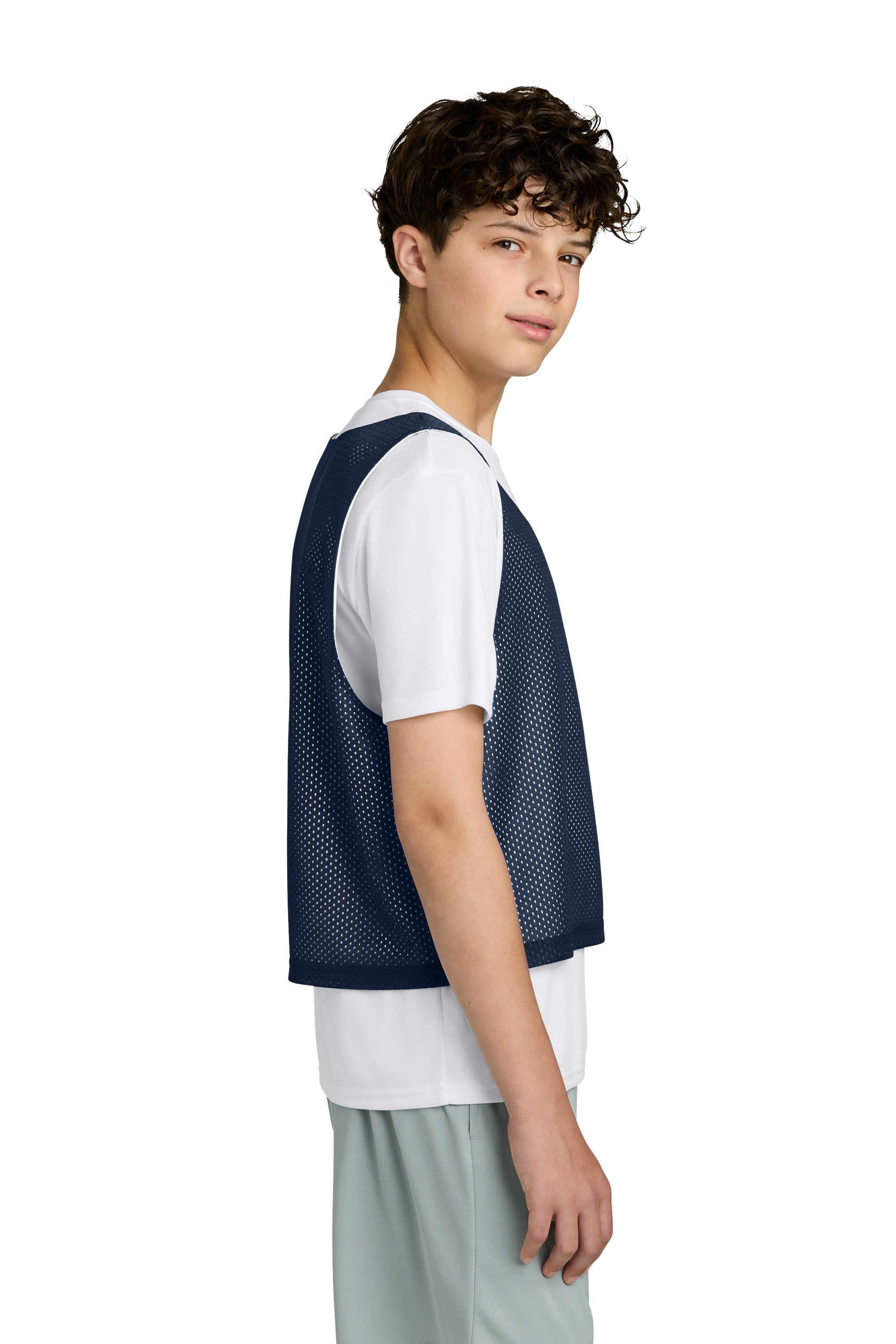 Sport-Tek YST512 Youth Reversible Lacrosse Pinnie Tank Top True Navy Blue/White Model Side
