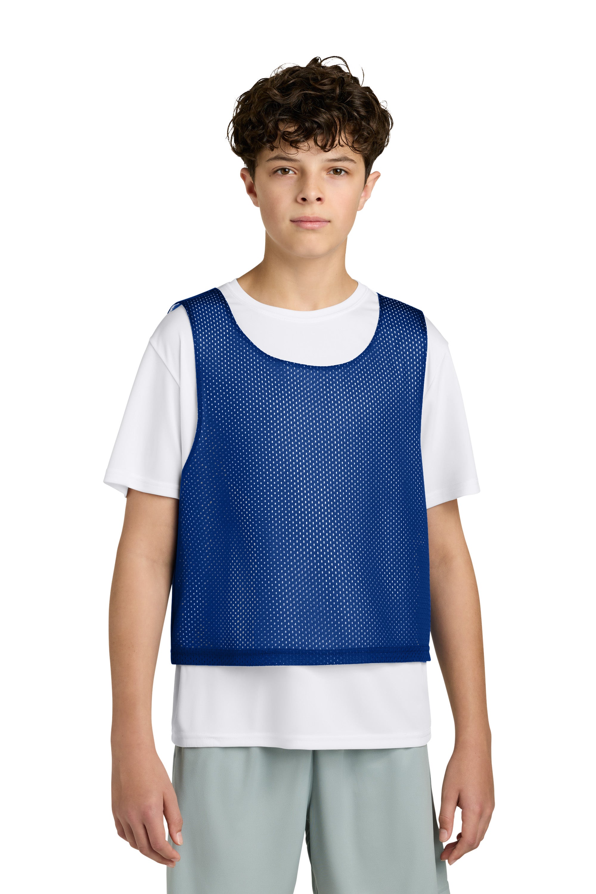 Sport-Tek YST512 Youth Reversible Lacrosse Pinnie Tank Top True Royal Blue/White Model Front