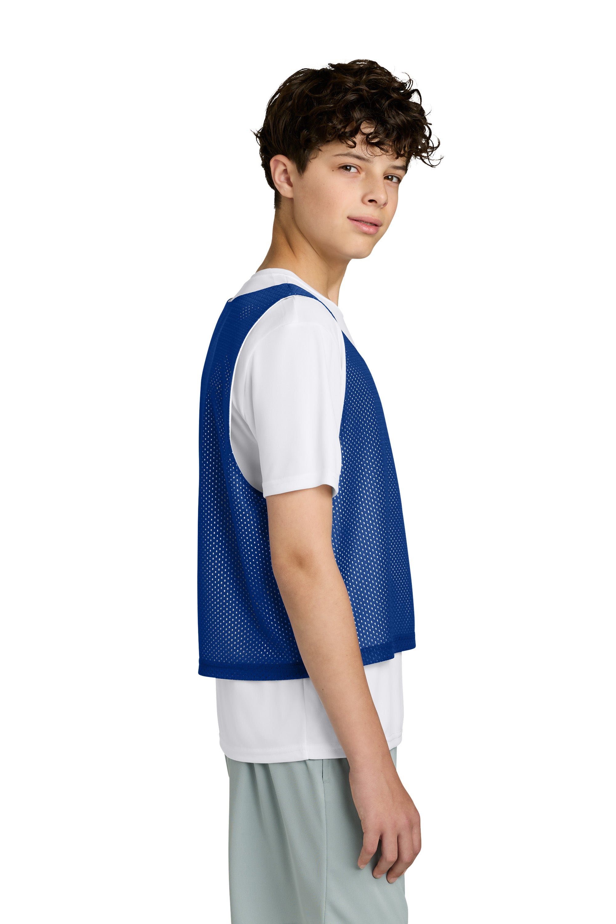Sport-Tek YST512 Youth Reversible Lacrosse Pinnie Tank Top True Royal Blue/White Model Side