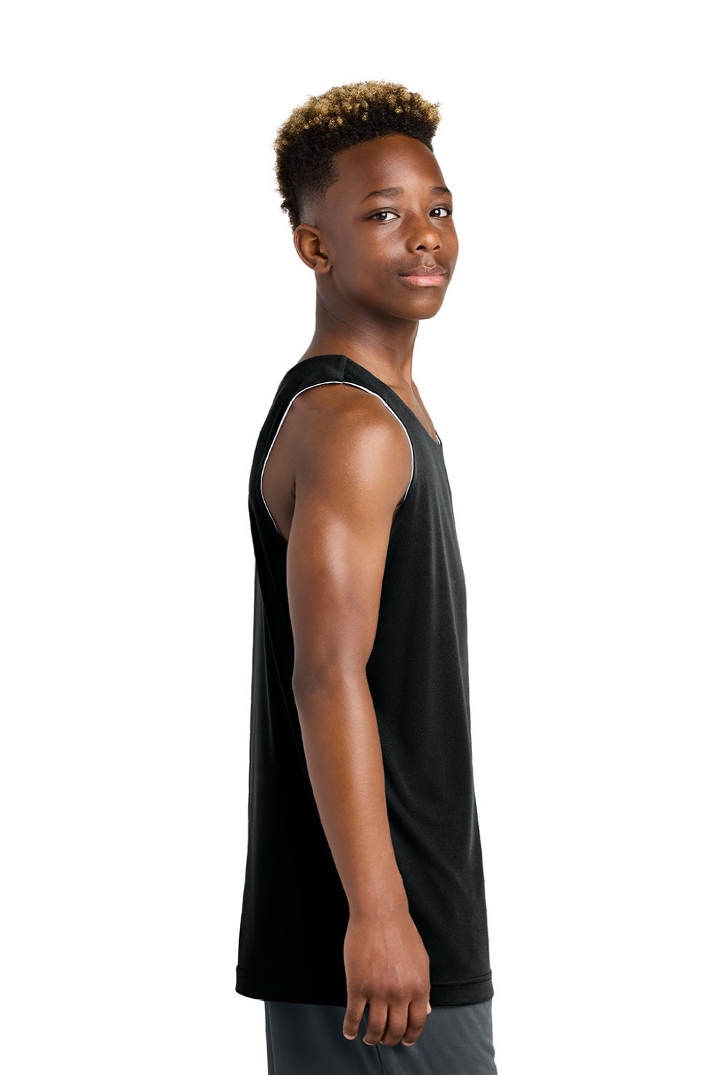 Sport-Tek YST551 Youth Moisture Wicking Competitor Rev Tank Top Black/White Model Side