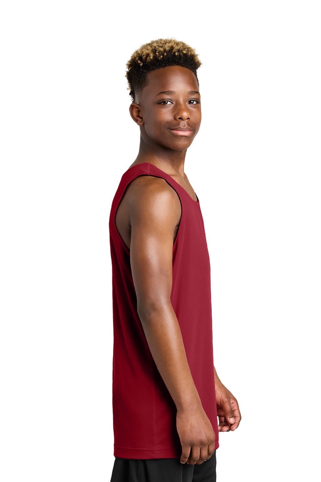 Sport-Tek YST551 Youth Moisture Wicking Competitor Rev Tank Top Deep Red/Black Model Side