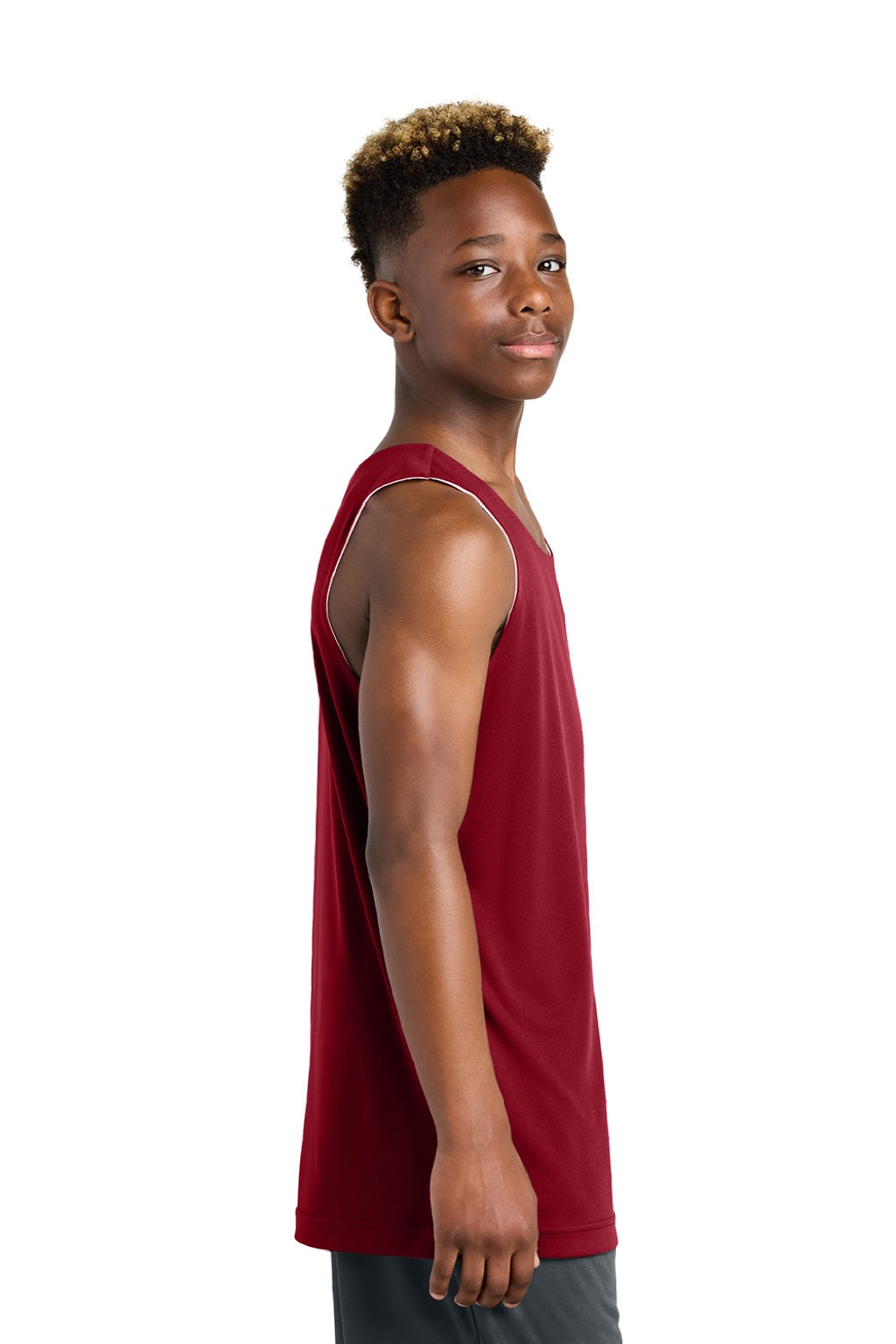 Sport-Tek YST551 Youth Moisture Wicking Competitor Rev Tank Top Deep Red/White Model Side
