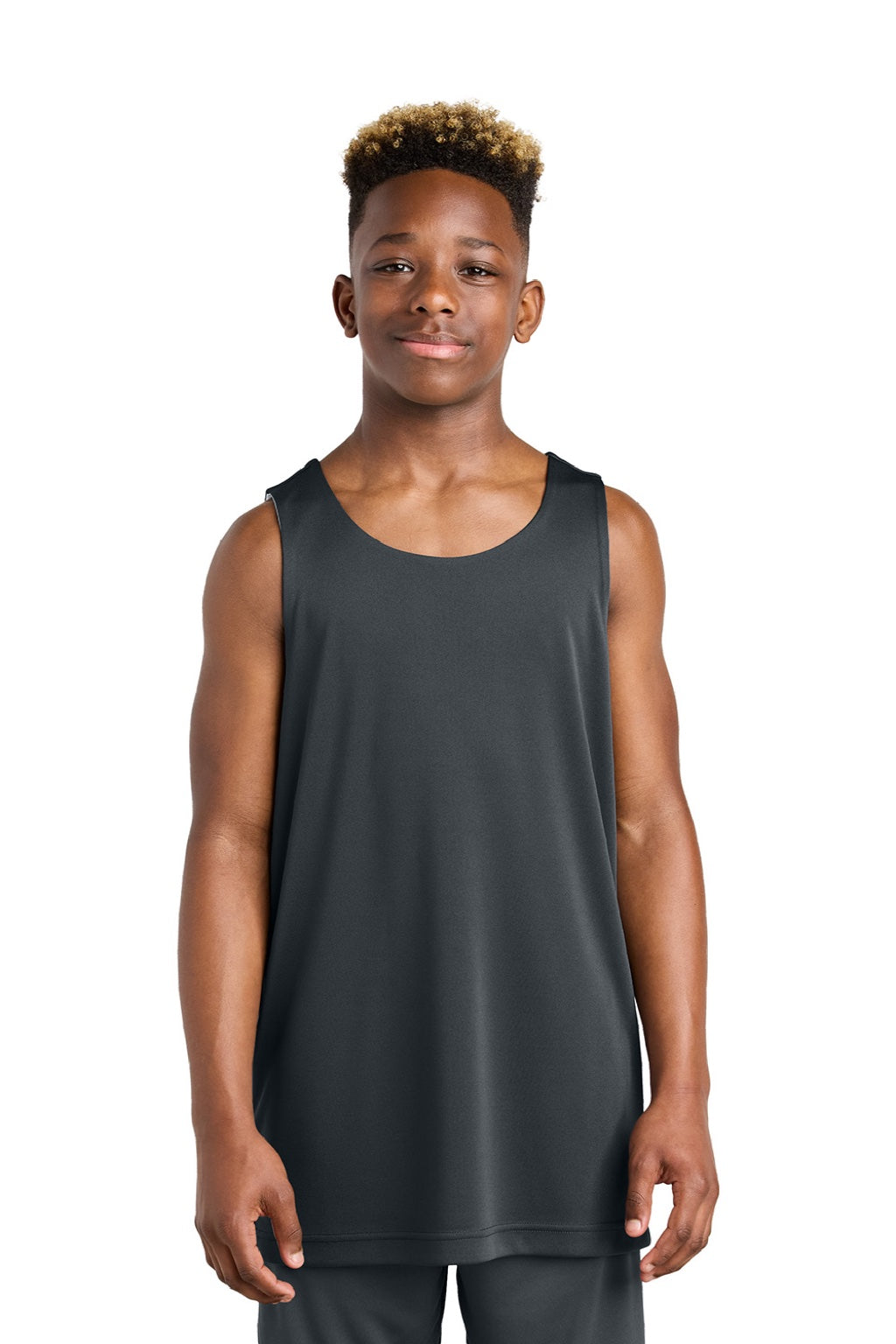 Sport-Tek YST551 Youth Moisture Wicking Competitor Rev Tank Top Iron Grey/White Model Front