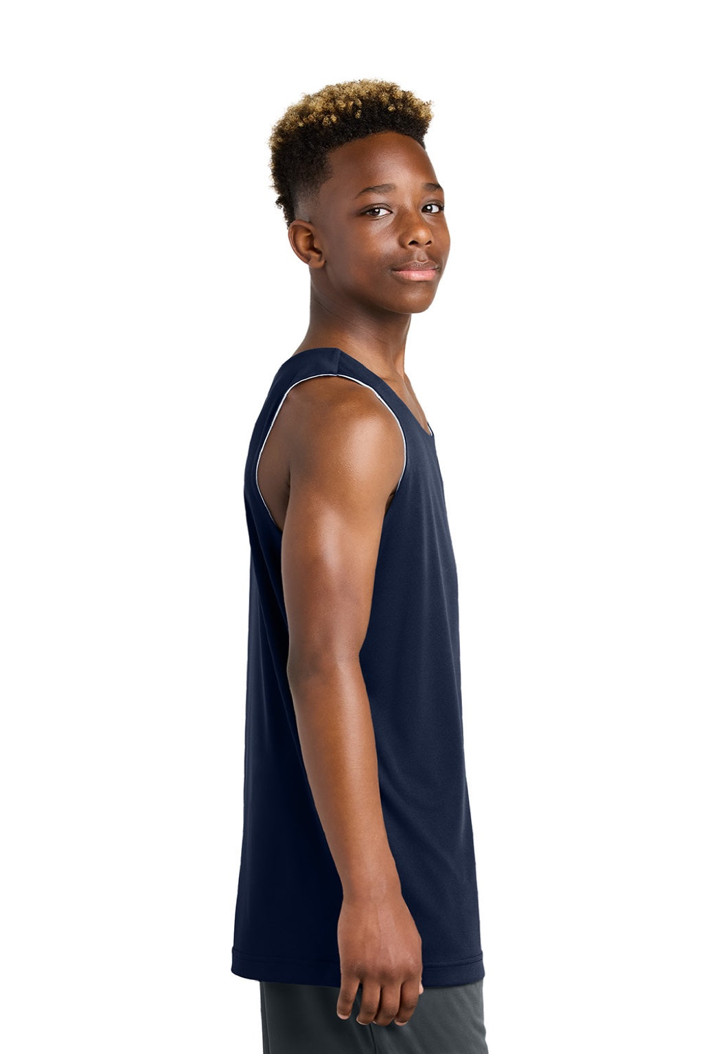 Sport-Tek YST551 Youth Moisture Wicking Competitor Rev Tank Top True Navy Blue/White Model Side