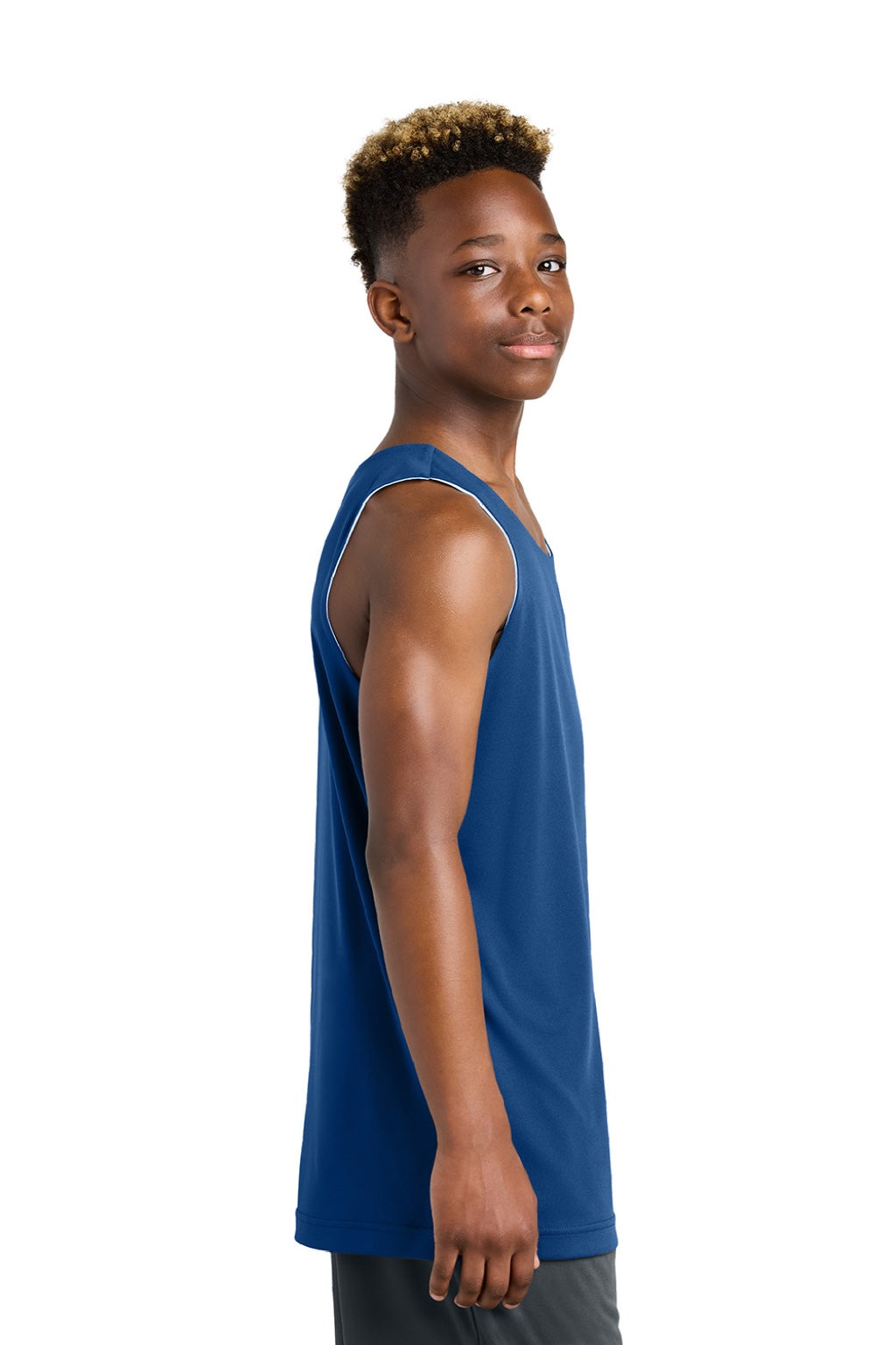 Sport-Tek YST551 Youth Moisture Wicking Competitor Rev Tank Top True Royal Blue/White Model Side