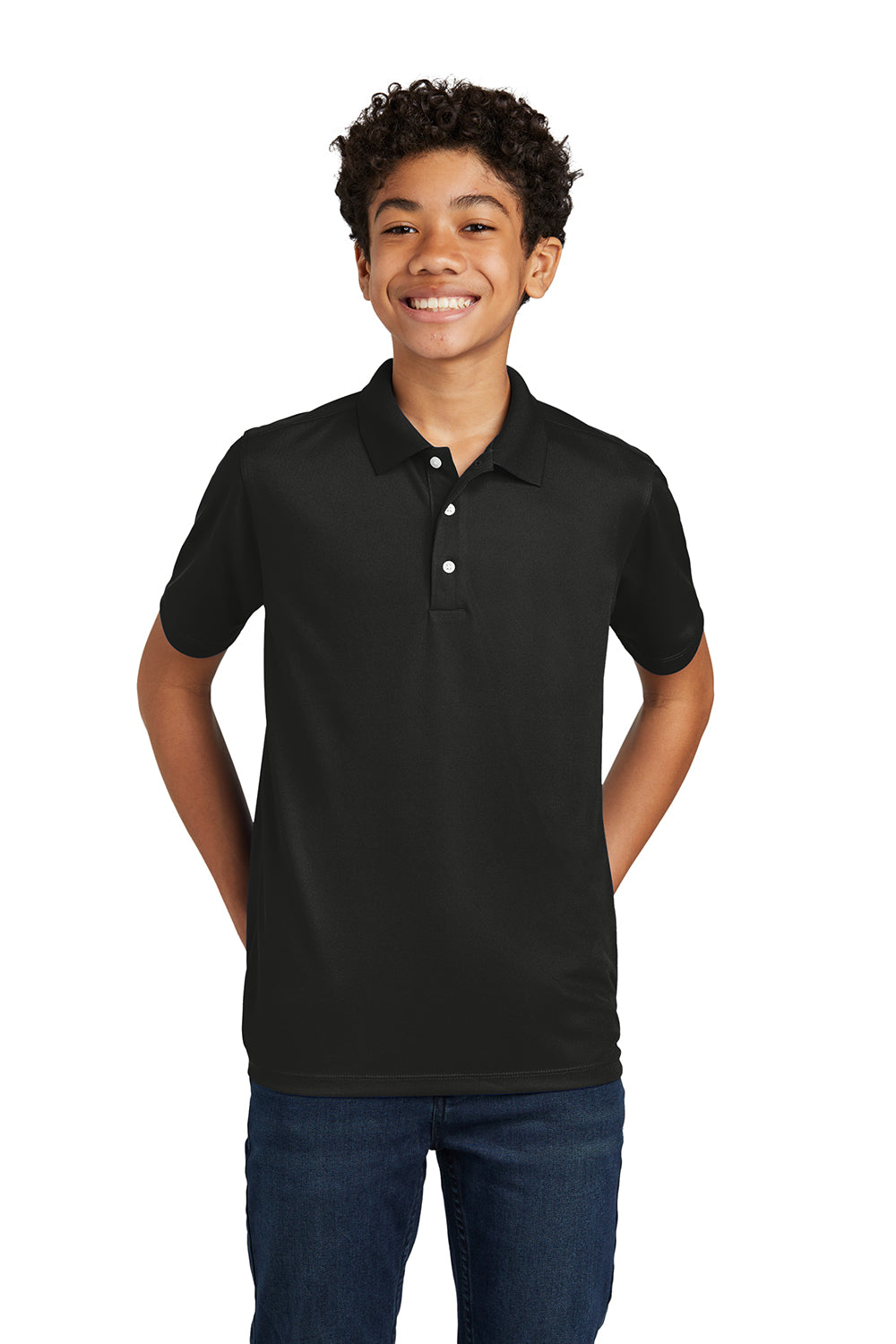 Sport-Tek YST740 Youth Moisture Wicking Micropique Short Sleeve Polo Shirt Black Model 3q