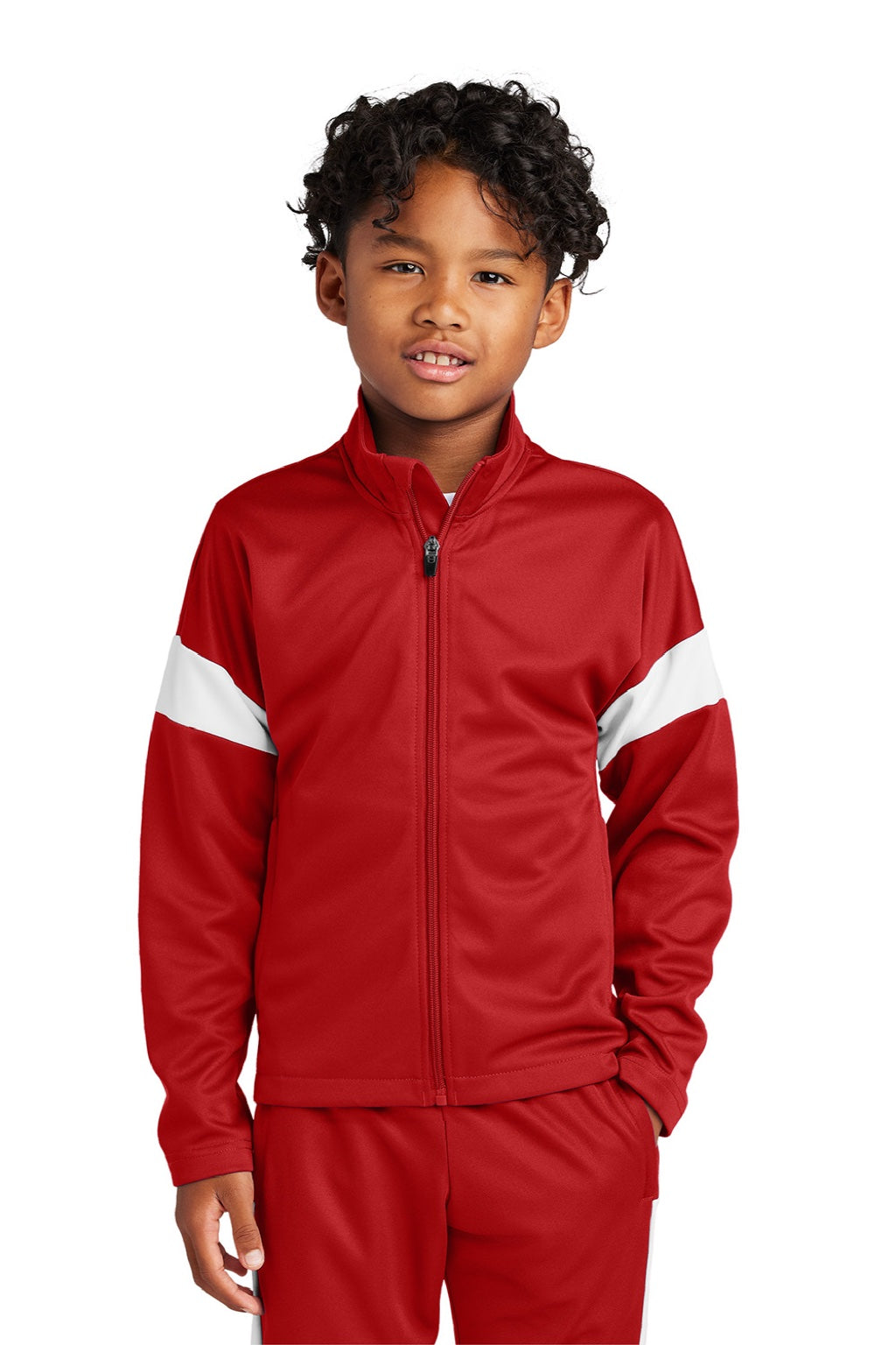 Sport-Tek YST800 Youth Moisture Wicking Travel Full Zip Jacket Deep Red/White Model Front