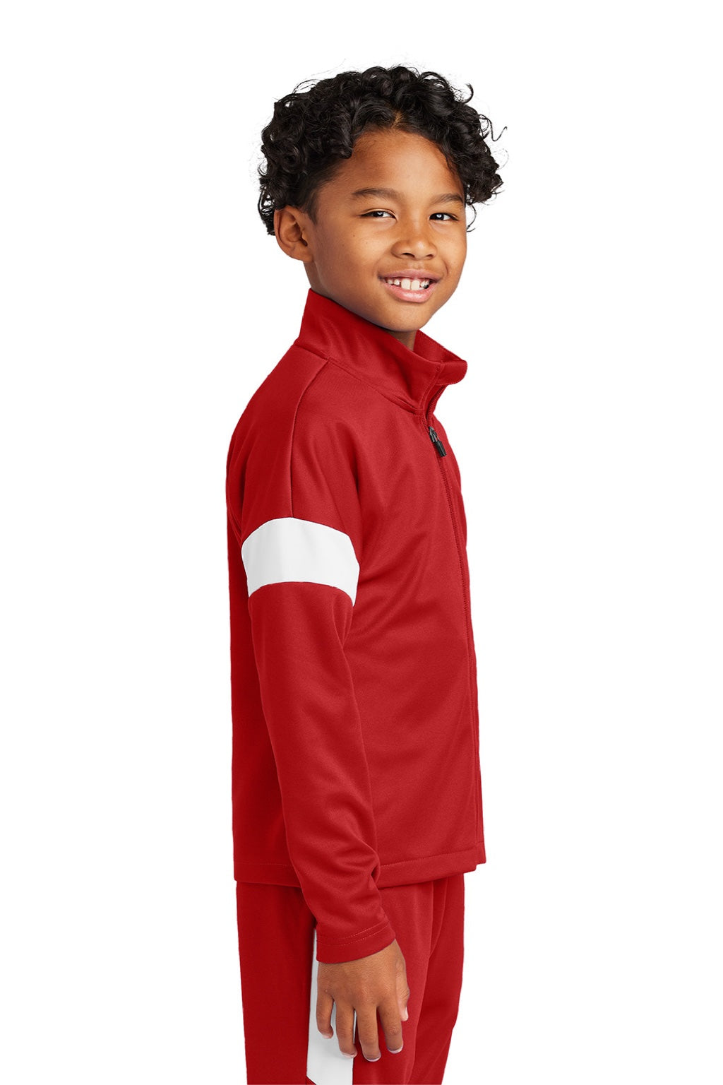 Sport-Tek YST800 Youth Moisture Wicking Travel Full Zip Jacket Deep Red/White Model Side