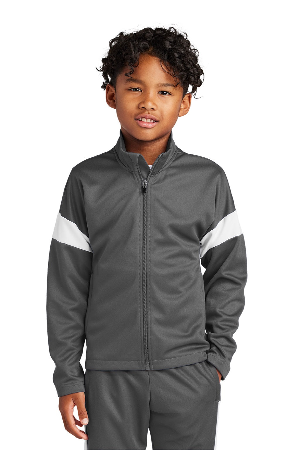 Sport-Tek YST800 Youth Moisture Wicking Travel Full Zip Jacket Iron Grey/White Model Front