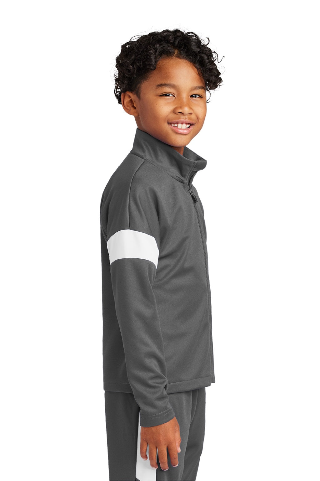 Sport-Tek YST800 Youth Moisture Wicking Travel Full Zip Jacket Iron Grey/White Model Side