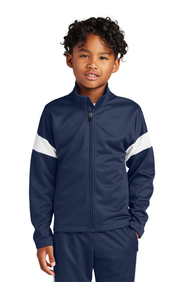 Sport-Tek YST800 Youth Moisture Wicking Travel Full Zip Jacket True Navy Blue/White Model Front