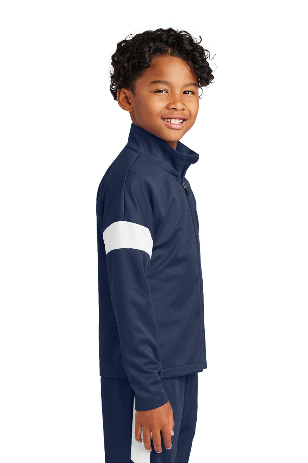 Sport-Tek YST800 Youth Moisture Wicking Travel Full Zip Jacket True Navy Blue/White Model Side