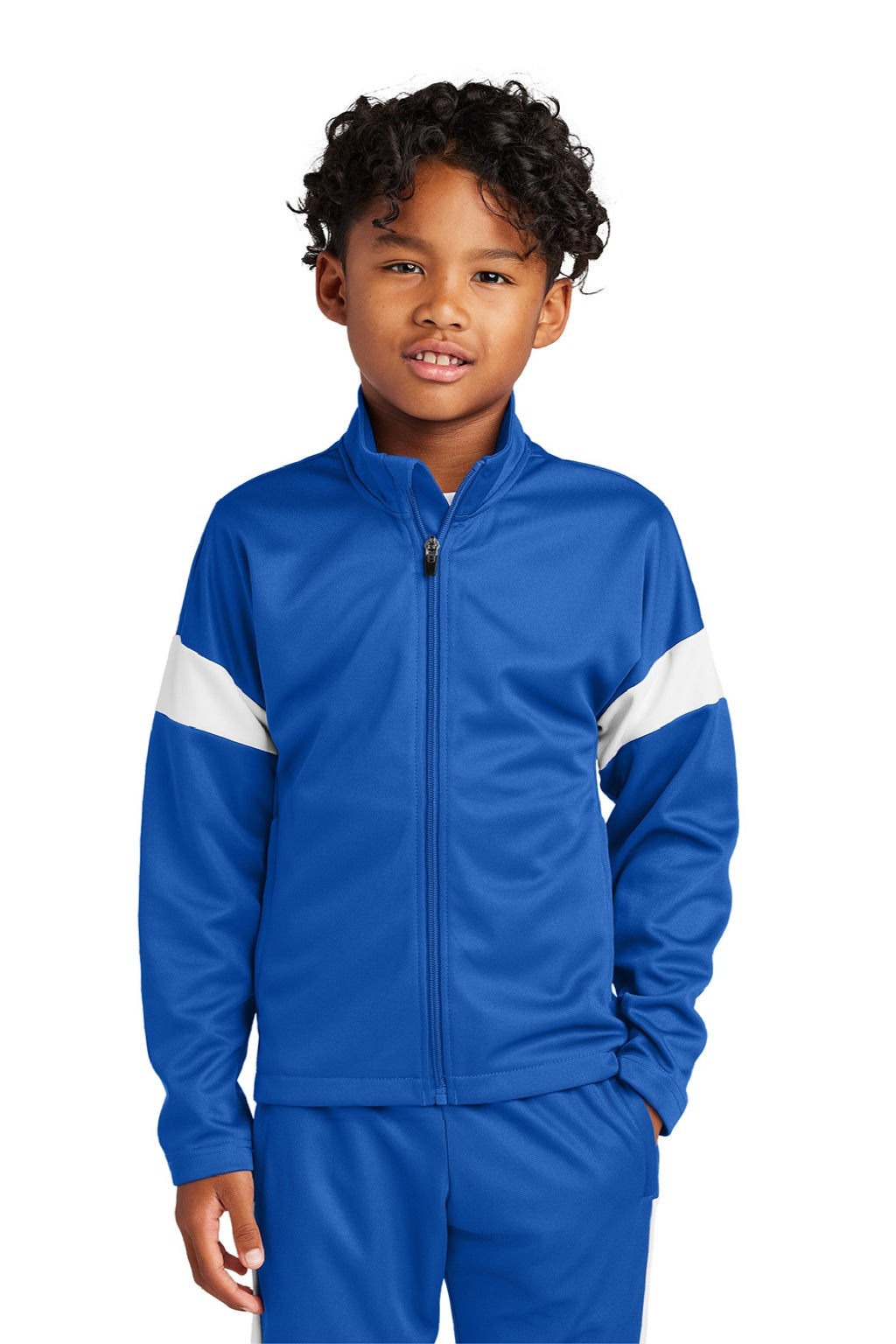 Sport-Tek YST800 Youth Moisture Wicking Travel Full Zip Jacket True Royal Blue/White Model Front