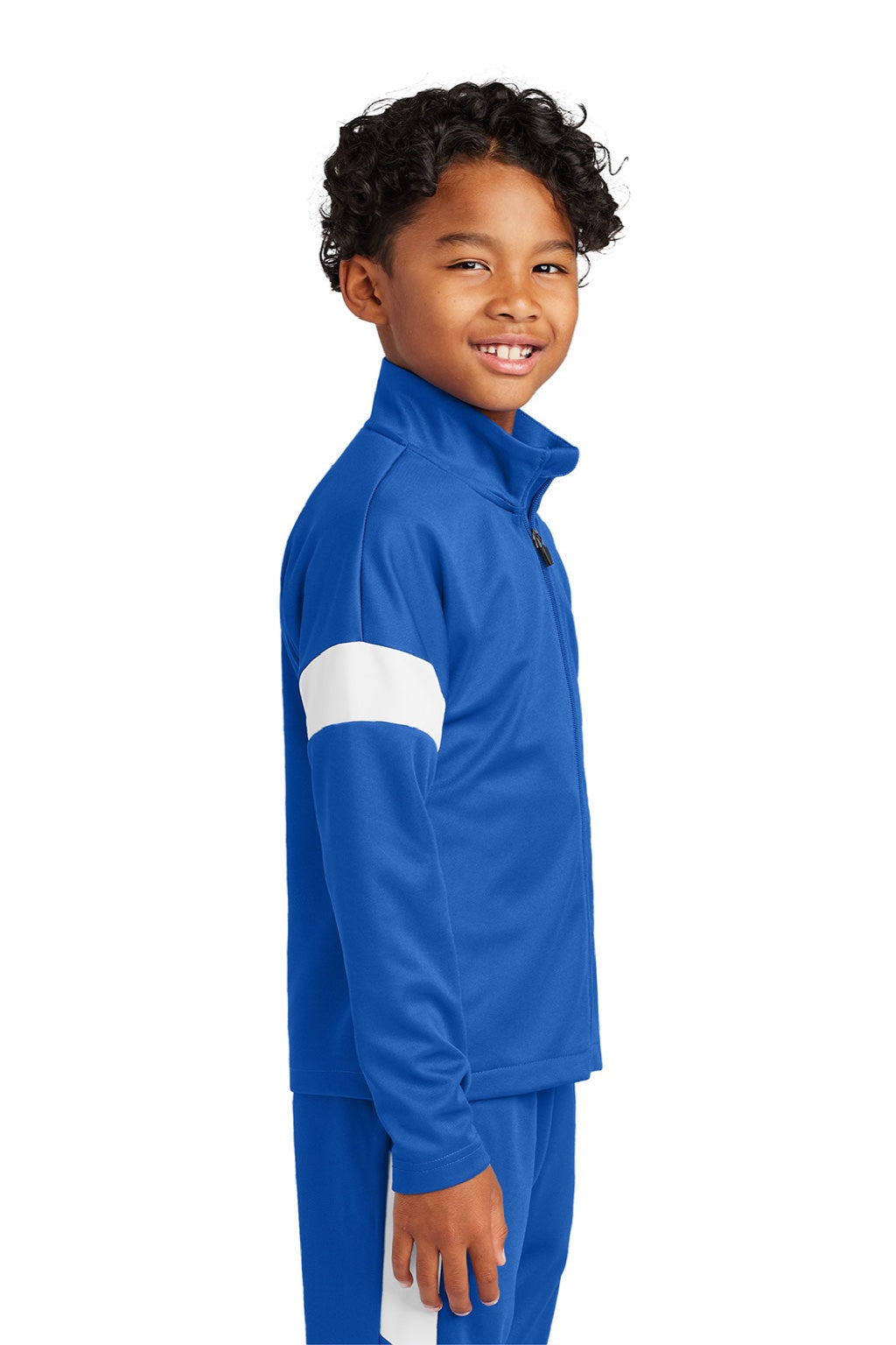 Sport-Tek YST800 Youth Moisture Wicking Travel Full Zip Jacket True Royal Blue/White Model Side