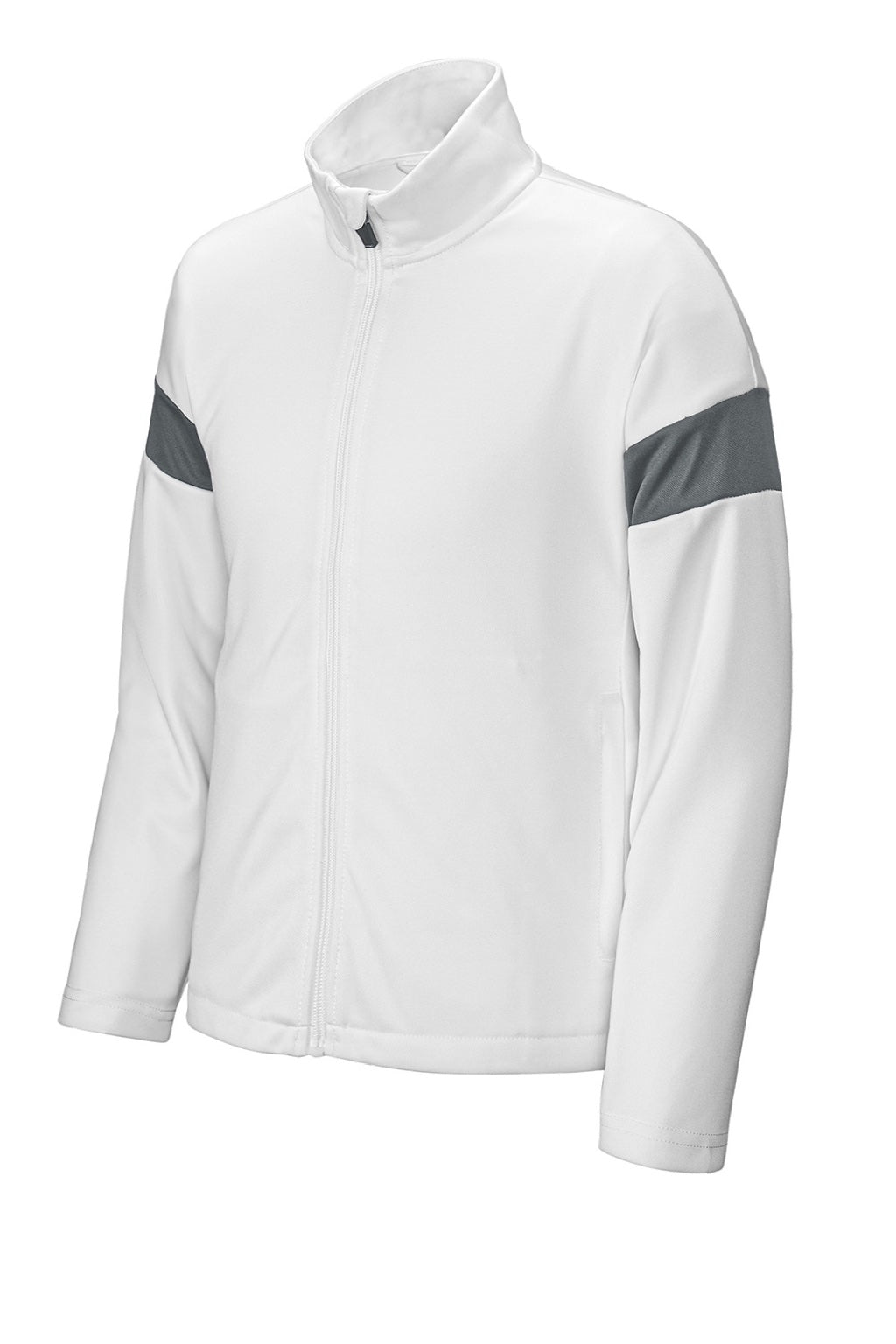Sport-Tek YST800 Youth Moisture Wicking Travel Full Zip Jacket White/Iron Grey Flat Front