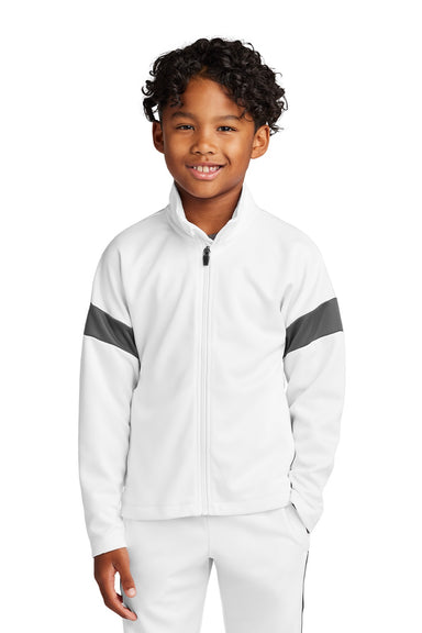 Sport-Tek YST800 Youth Moisture Wicking Travel Full Zip Jacket White/Iron Grey Model Front