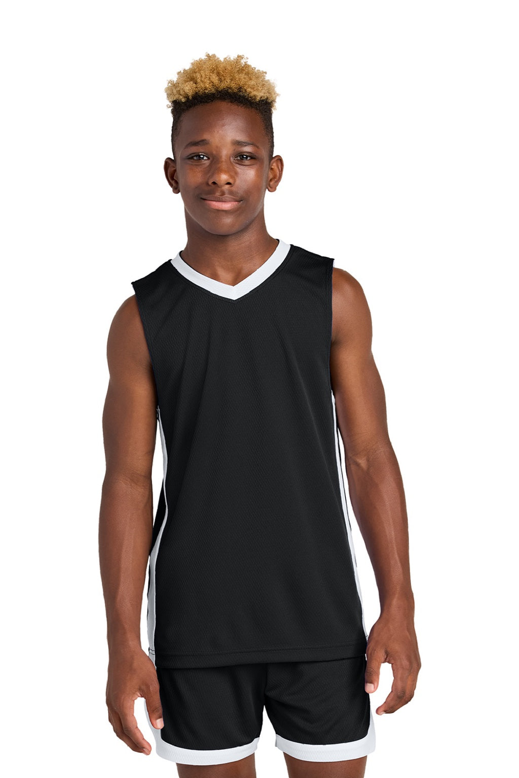 Sport-Tek YST900 Youth Rival Basketball Moisture Wicking Reversible Jersey Tank Top Black/White Model Front