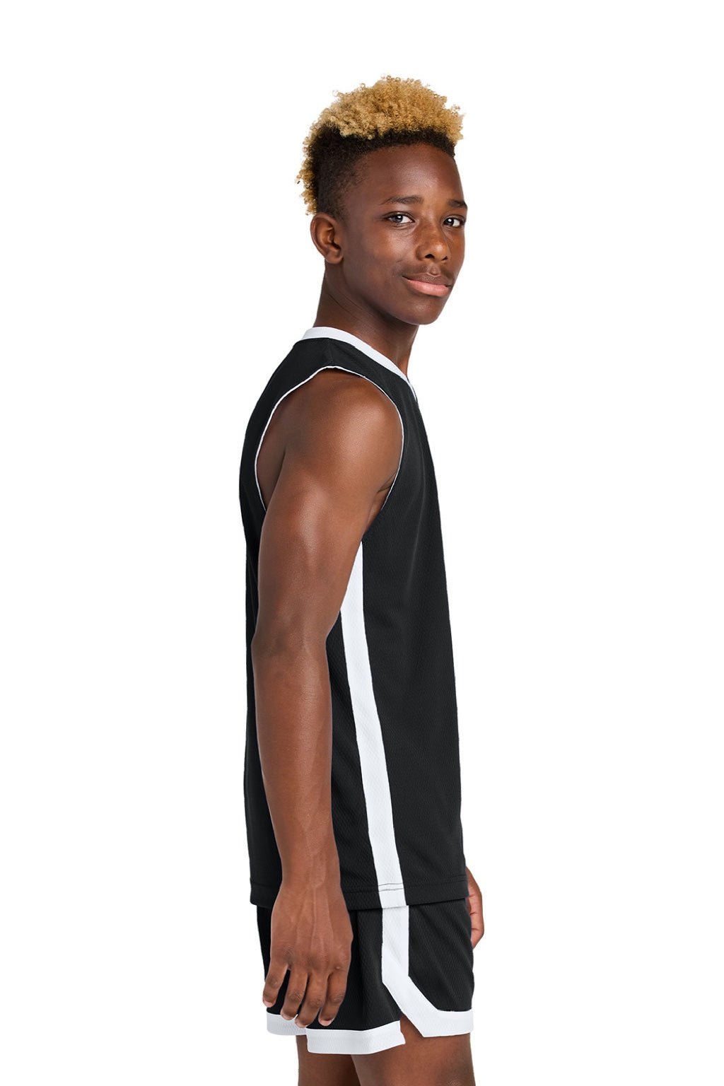 Sport-Tek YST900 Youth Rival Basketball Moisture Wicking Reversible Jersey Tank Top Black/White Model Side