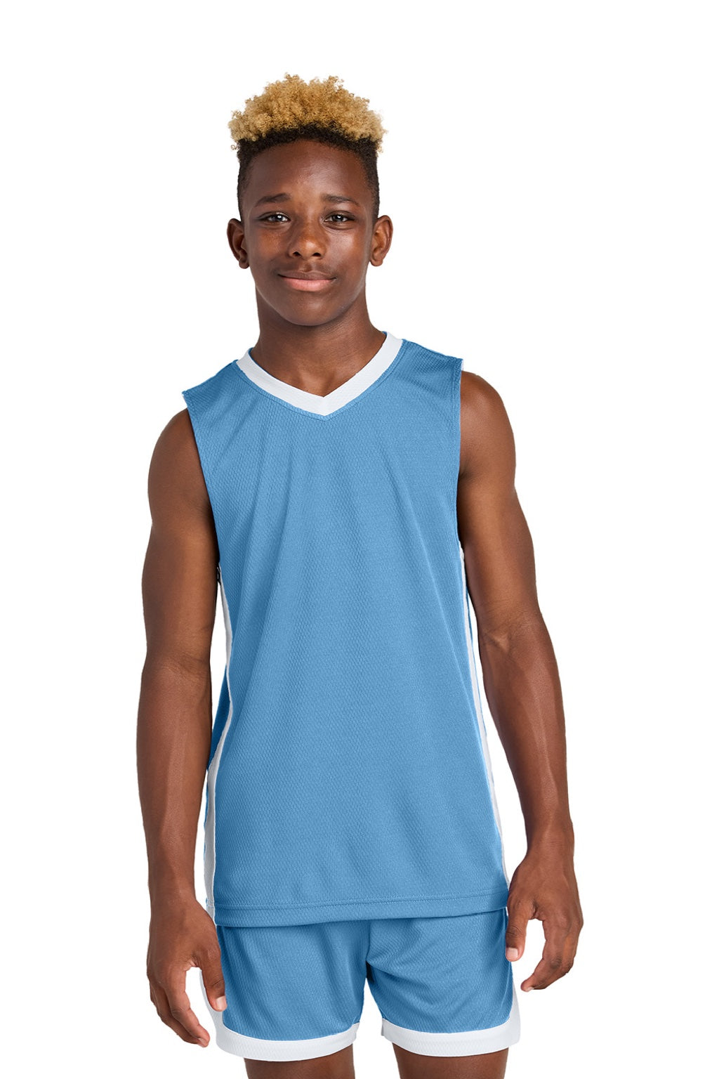 Sport-Tek YST900 Youth Rival Basketball Moisture Wicking Reversible Jersey Tank Top Carolina Blue/White Model Front