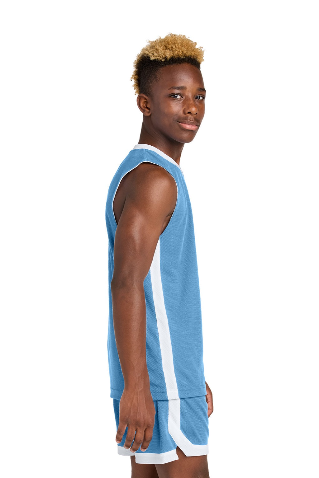 Sport-Tek YST900 Youth Rival Basketball Moisture Wicking Reversible Jersey Tank Top Carolina Blue/White Model Side