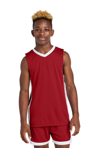 Sport-Tek YST900 Youth Rival Basketball Moisture Wicking Reversible Jersey Tank Top Deep Red/White Model Front