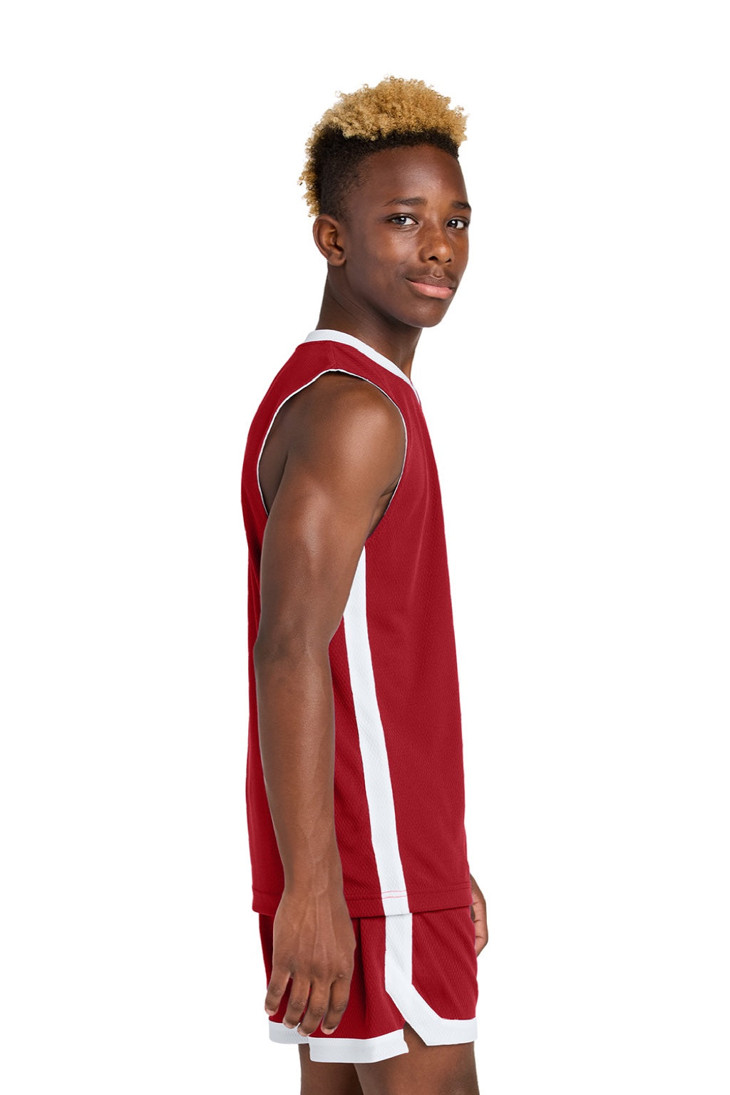 Sport-Tek YST900 Youth Rival Basketball Moisture Wicking Reversible Jersey Tank Top Deep Red/White Model Side