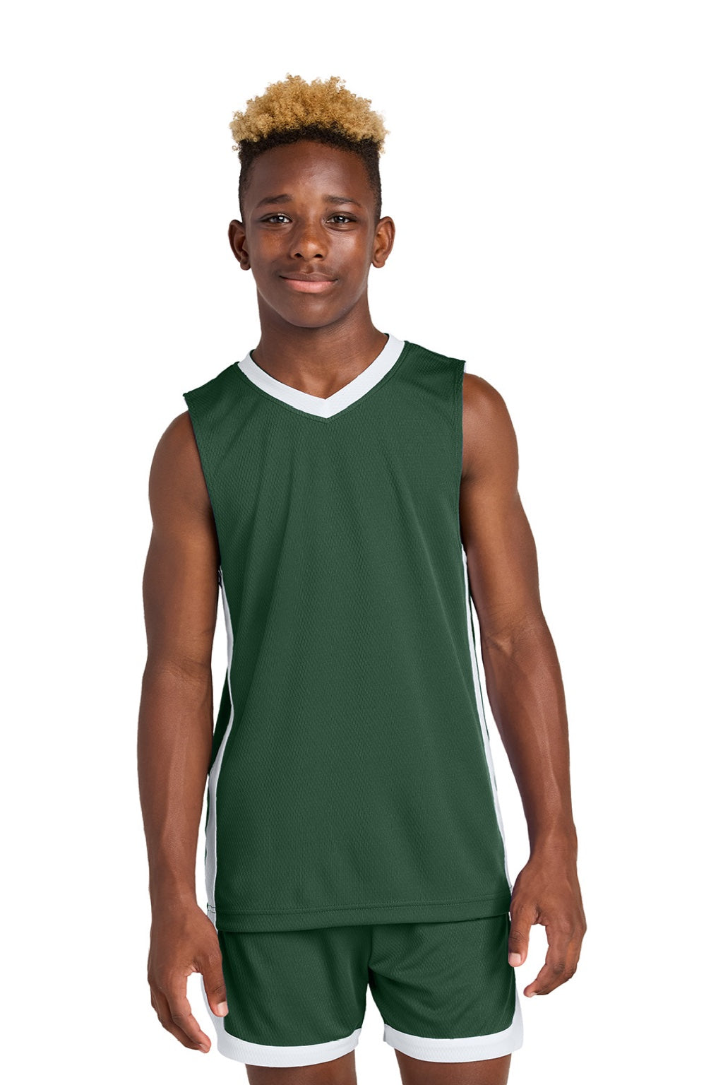 Sport-Tek YST900 Youth Rival Basketball Moisture Wicking Reversible Jersey Tank Top Forest Green/White Model Front