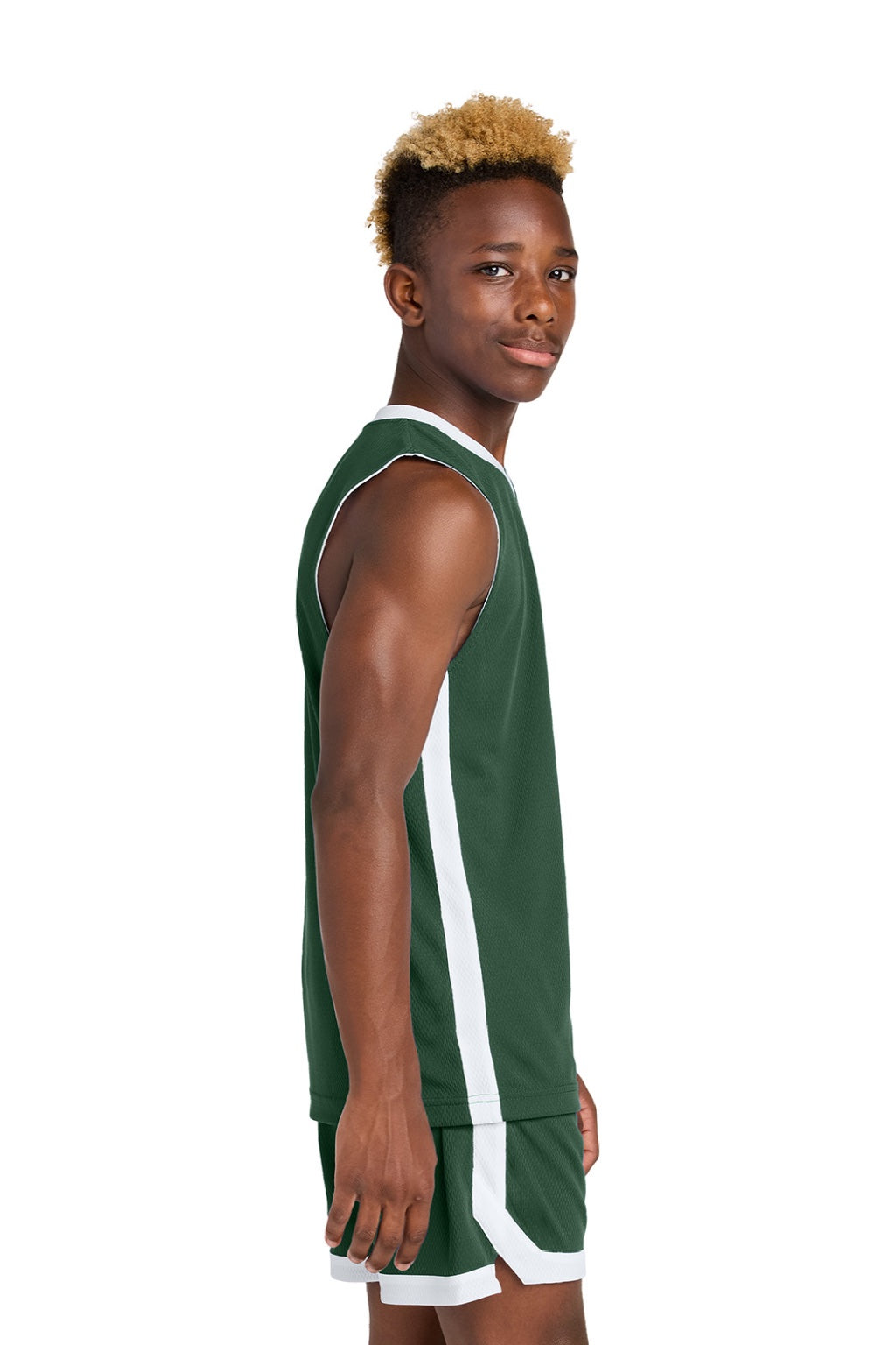 Sport-Tek YST900 Youth Rival Basketball Moisture Wicking Reversible Jersey Tank Top Forest Green/White Model Side