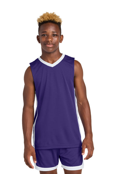 Sport-Tek YST900 Youth Rival Basketball Moisture Wicking Reversible Jersey Tank Top Purple/White Model Front