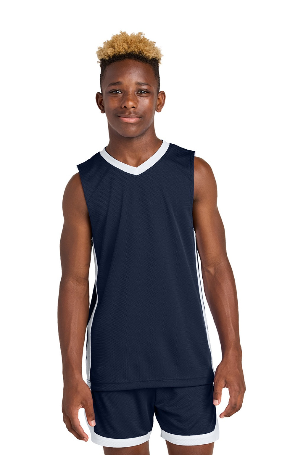 Sport-Tek YST900 Youth Rival Basketball Moisture Wicking Reversible Jersey Tank Top True Navy Blue/White Model Front